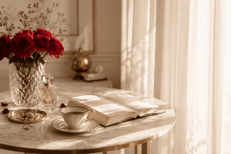 table sits a delicate porcelain coffee cup, an open hardcover book with cream pages, a crystal perfume bottle, a small gold tray, and a glass vase holding fresh scarlet roses