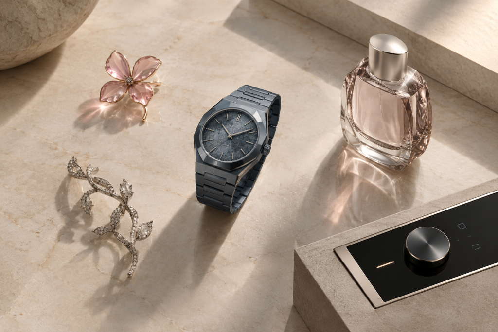 Editorial still life representing five interesting new luxury products released in September 2026