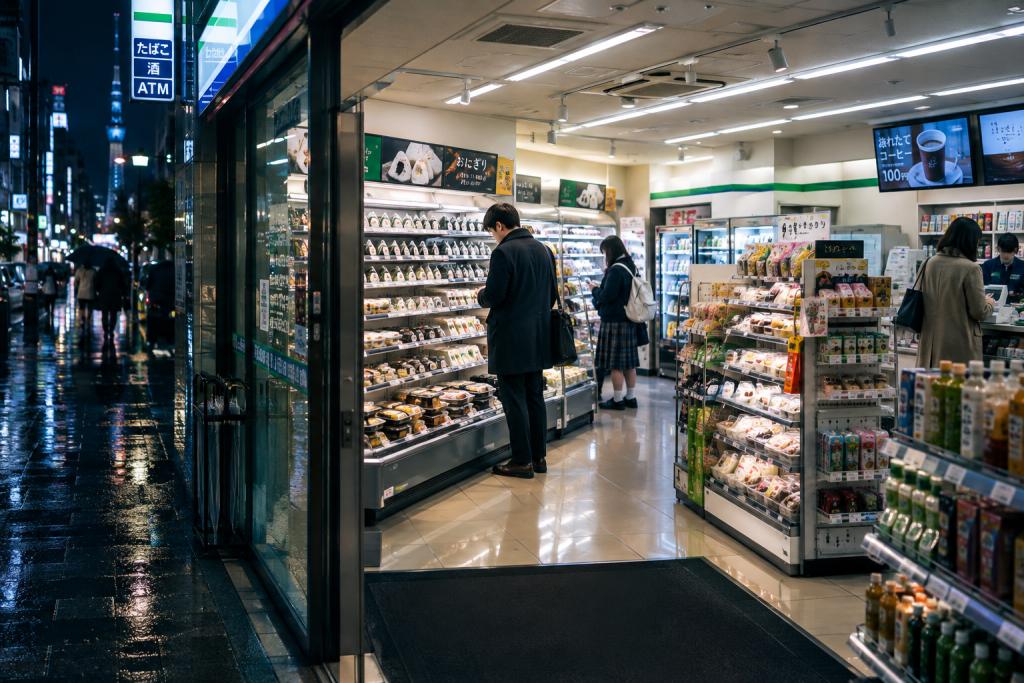 Japanese convenience store at night in Tokyo with illuminated shelves of onigiri, bento, desserts and drinks