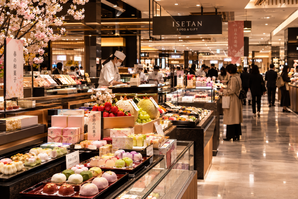 Elegant Tokyo department-store basement food hall filled with Japanese sweets, bento, seasonal fruit and luxury food displays